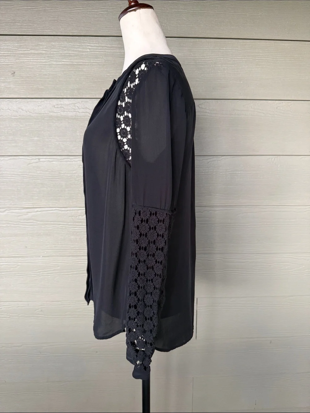 J. Crew Black Long-Sleeve Silk Button Down Blouse with Crochet Sleeves